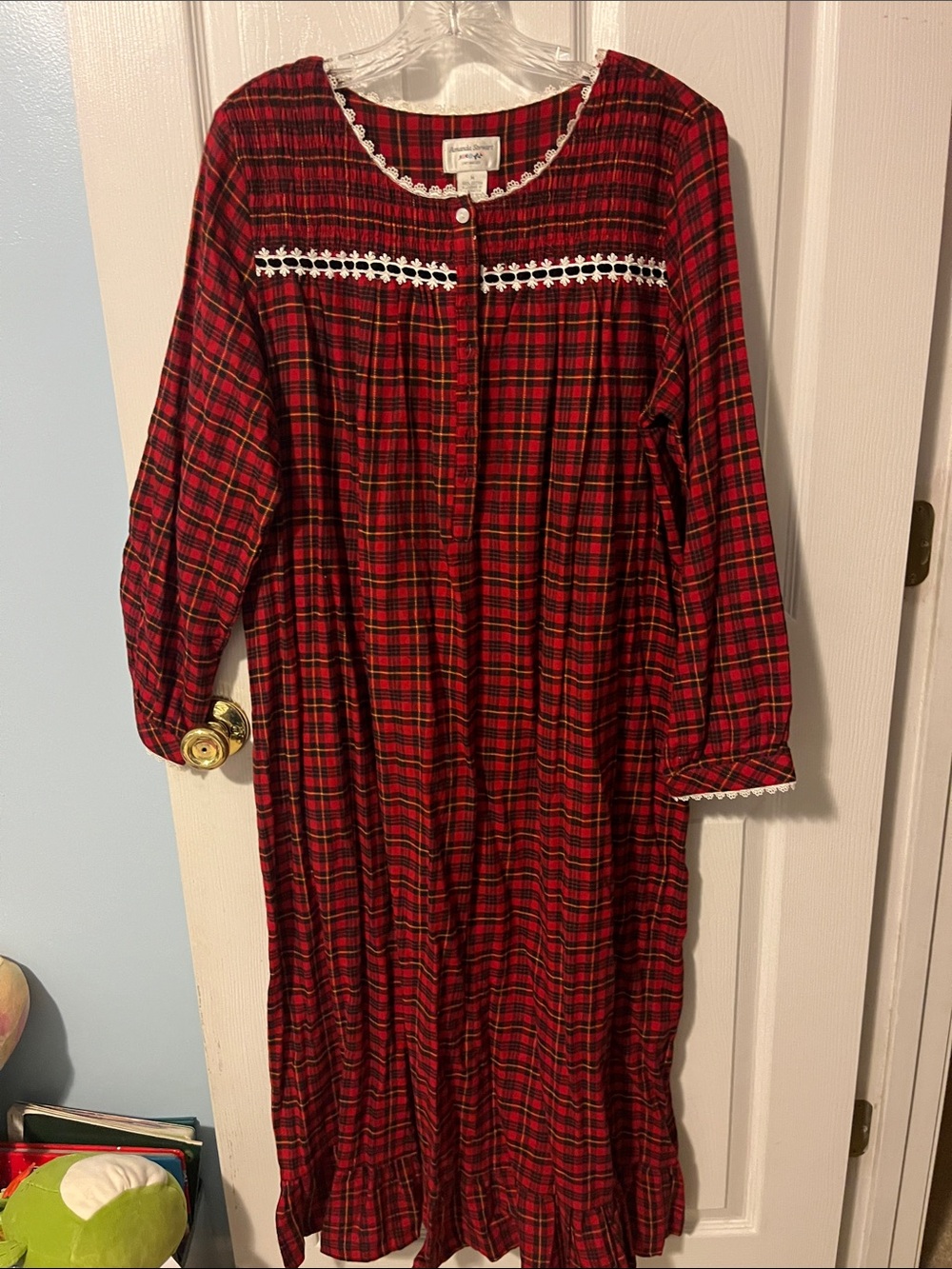 Women's Red Plaid Long Nightgown with Lace Trim